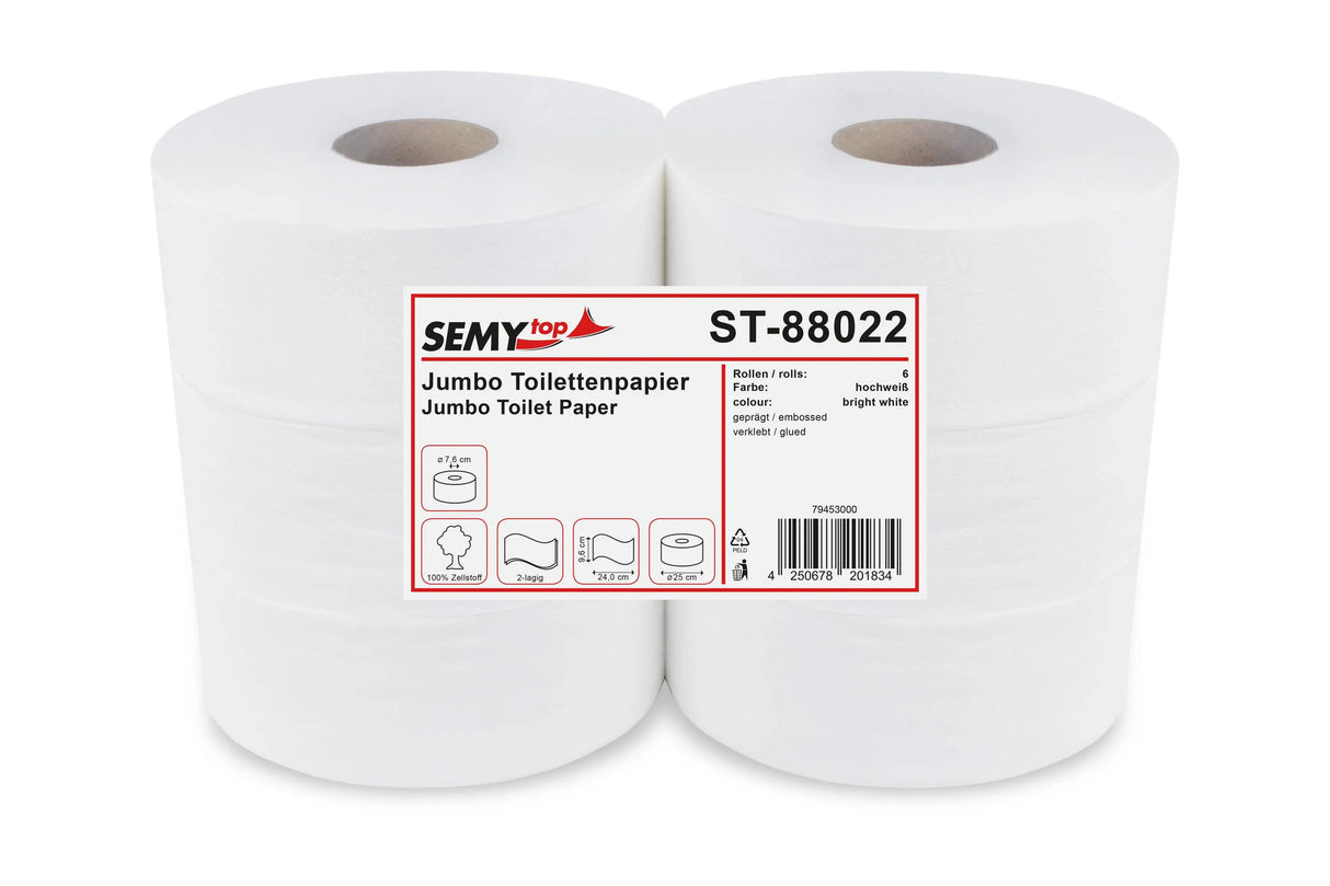 SemyTop Jumbo-Toilettenpapier, 2-lagig, Zellstoff hochweiss, Ø 25 cm, 6 Rollen