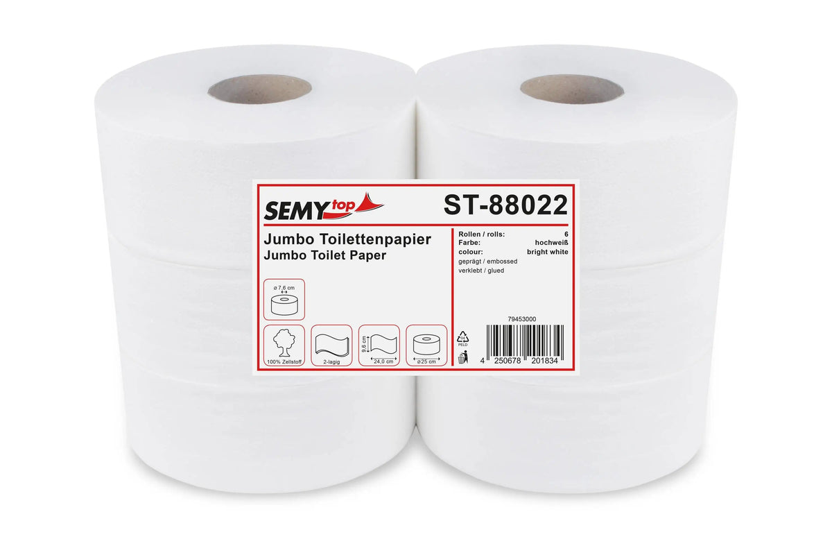 SemyTop Jumbo-Toilettenpapier, 2-lagig, Zellstoff hochweiss, Ø 25 cm, 6 Rollen - Hygienico