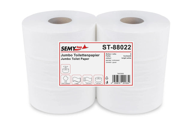 SemyTop Jumbo-Toilettenpapier, 2-lagig, Zellstoff hochweiss, Ø 25 cm, 6 Rollen - Hygienico